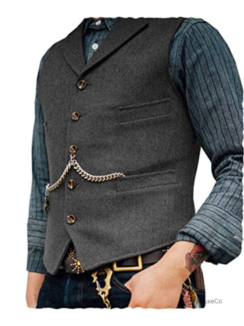 Mens Herringbone Tweed Wool Blend Suit Vest Waistcoat V Neck Slim Fit